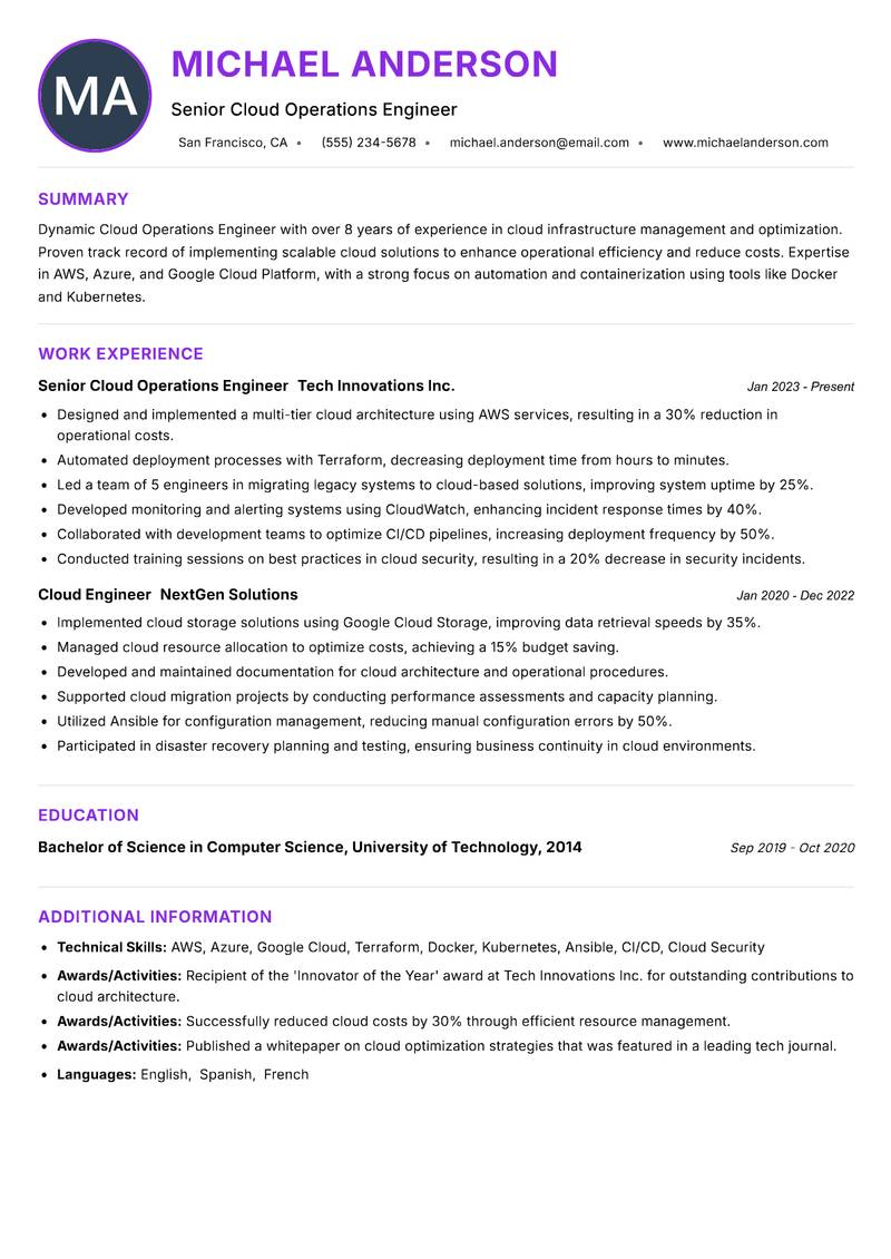 Cloud Operations Engineer resume example