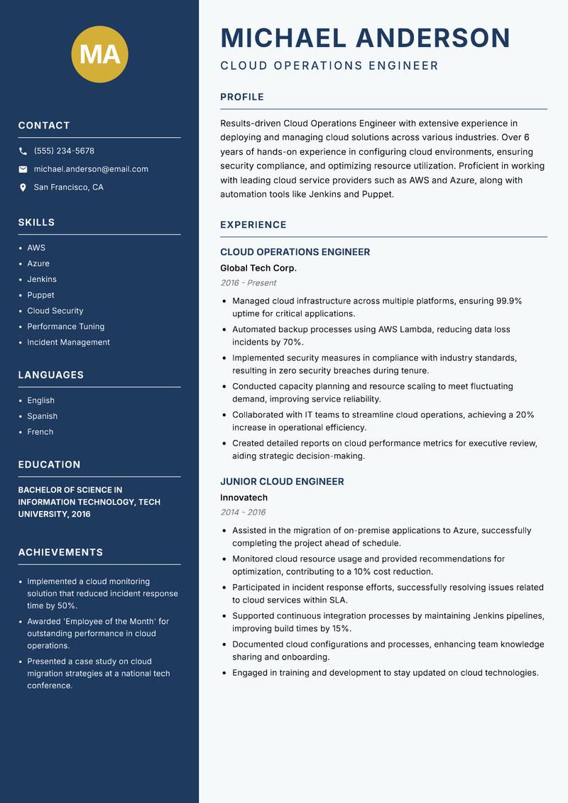 Cloud Operations Engineer resume sample — Cloud Operations Engineer focus