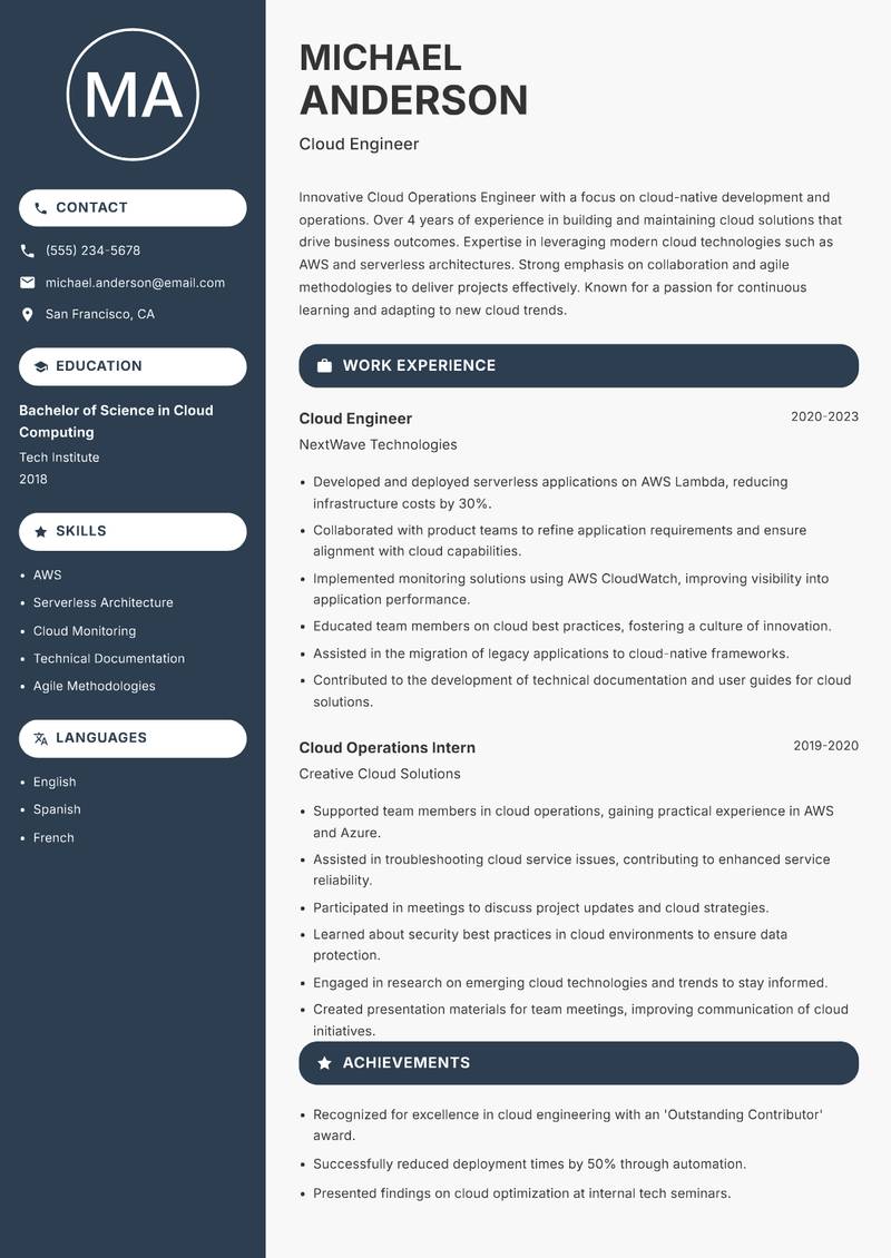 Cloud Operations Engineer resume sample — Cloud Engineer focus
