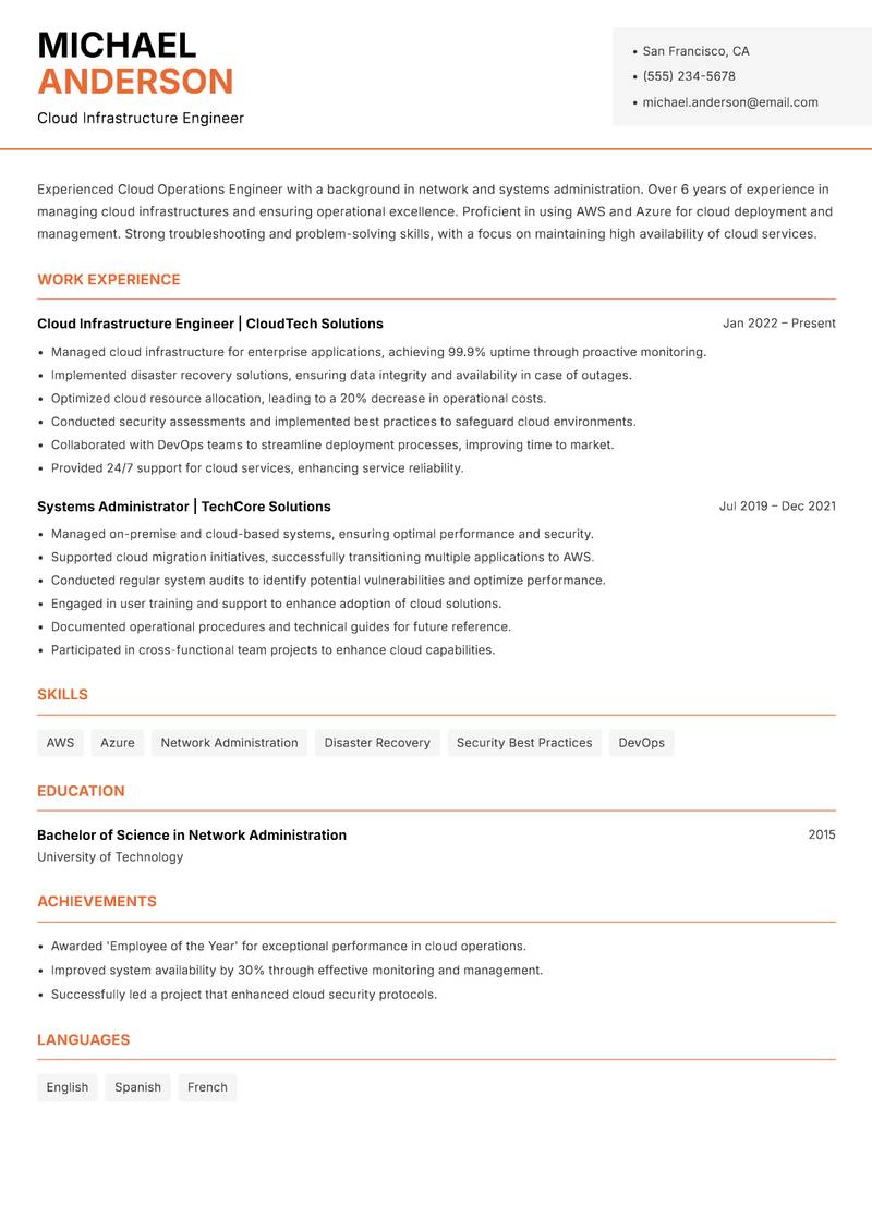 Cloud Operations Engineer resume sample — Cloud Infrastructure Engineer focus