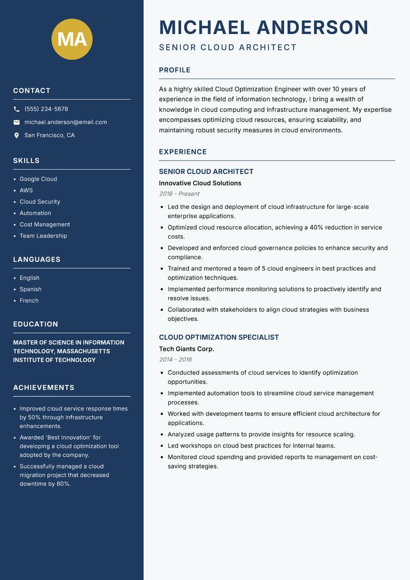 Cloud Optimization Engineer resume sample — Senior Cloud Architect focus