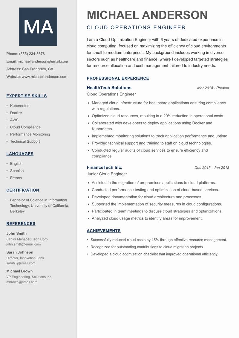 Cloud Optimization Engineer resume sample — Cloud Operations Engineer focus