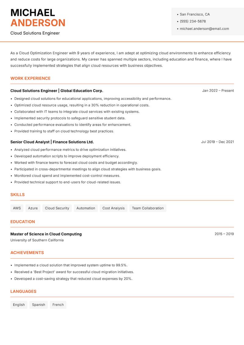 Cloud Optimization Engineer resume sample — Cloud Solutions Engineer focus