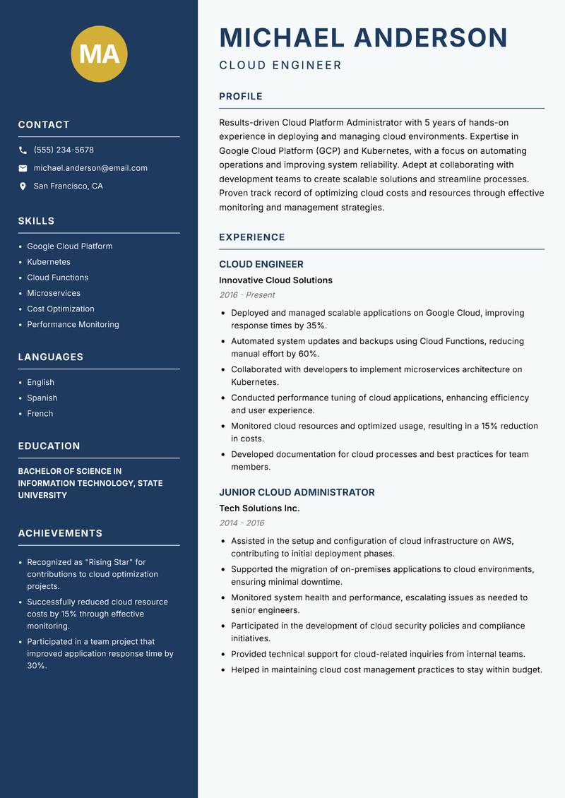 Cloud Platform Administrator resume sample — Cloud Engineer focus