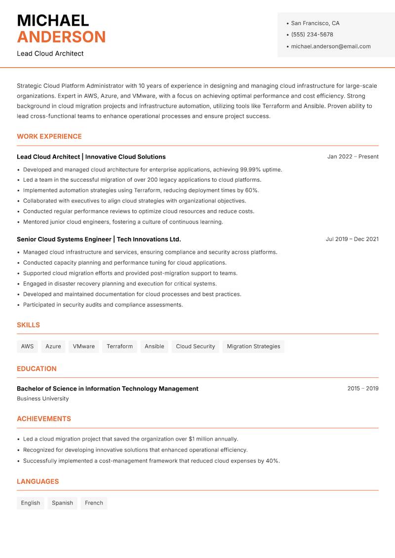 Cloud Platform Administrator resume sample — Lead Cloud Architect focus