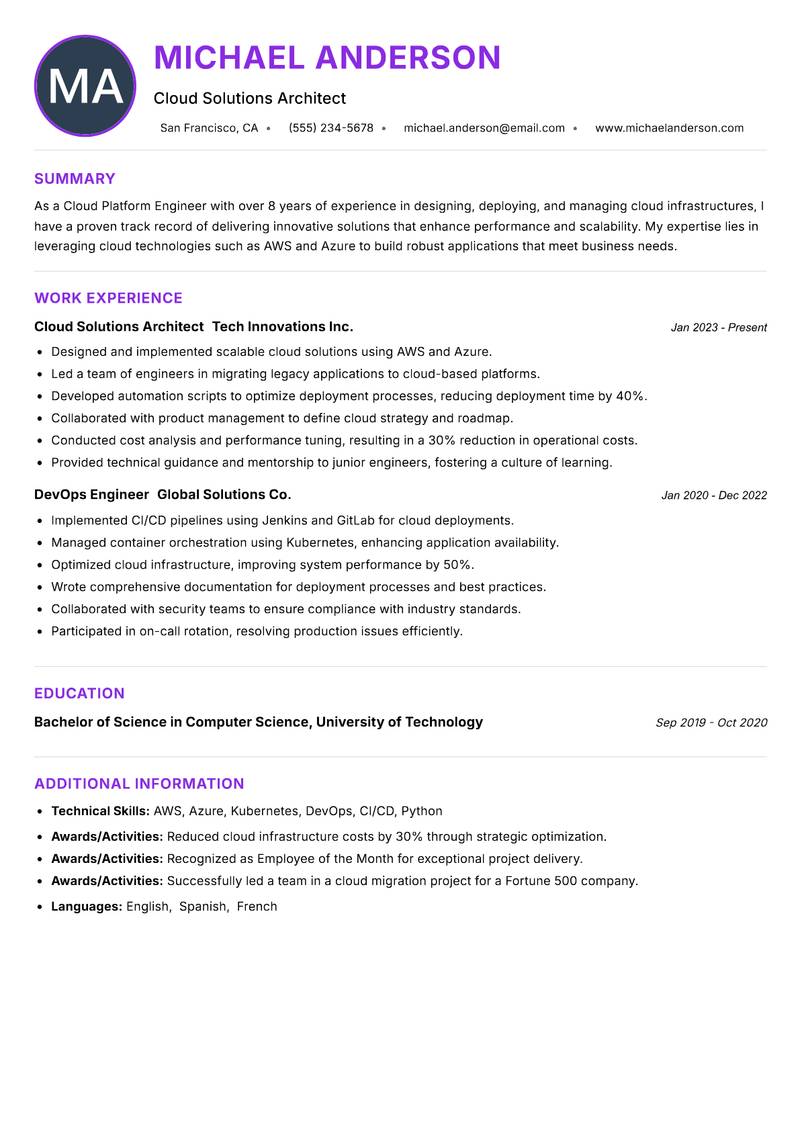 Cloud Platform Engineer resume example