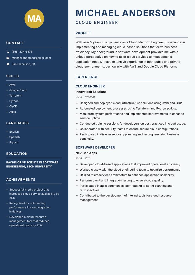 Cloud Platform Engineer resume sample — Cloud Engineer focus