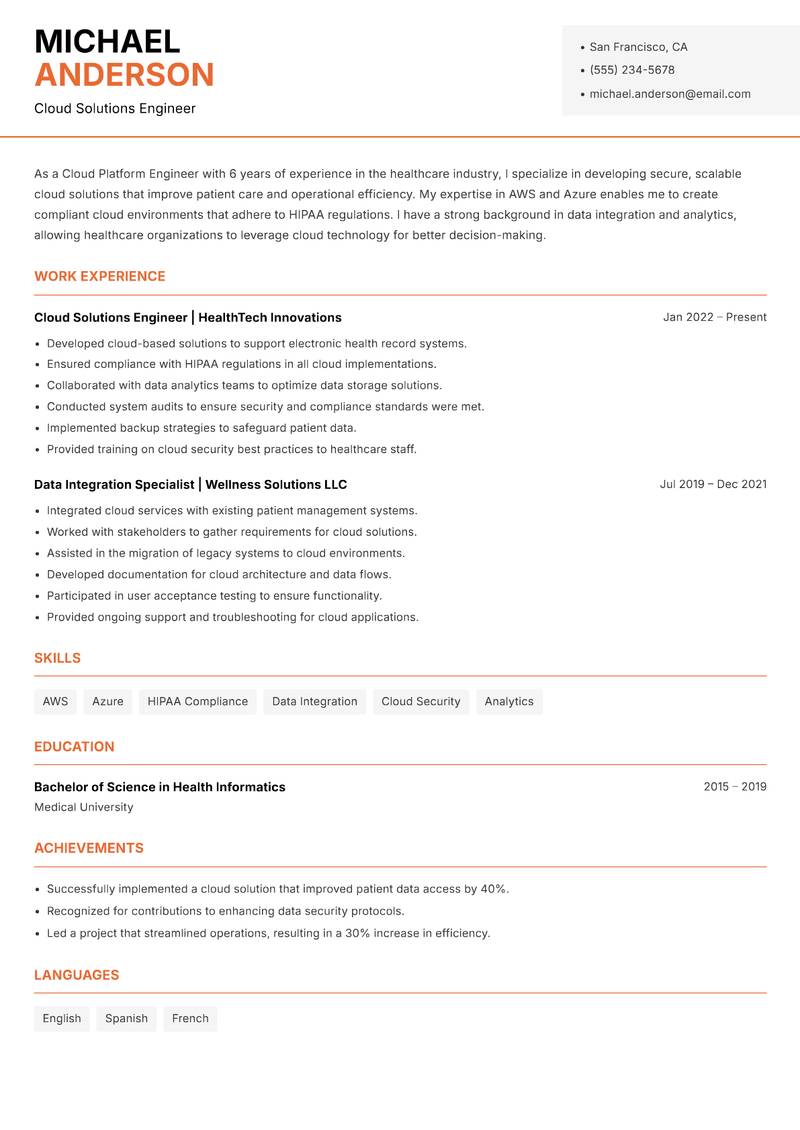 Cloud Platform Engineer resume sample — Cloud Solutions Engineer focus