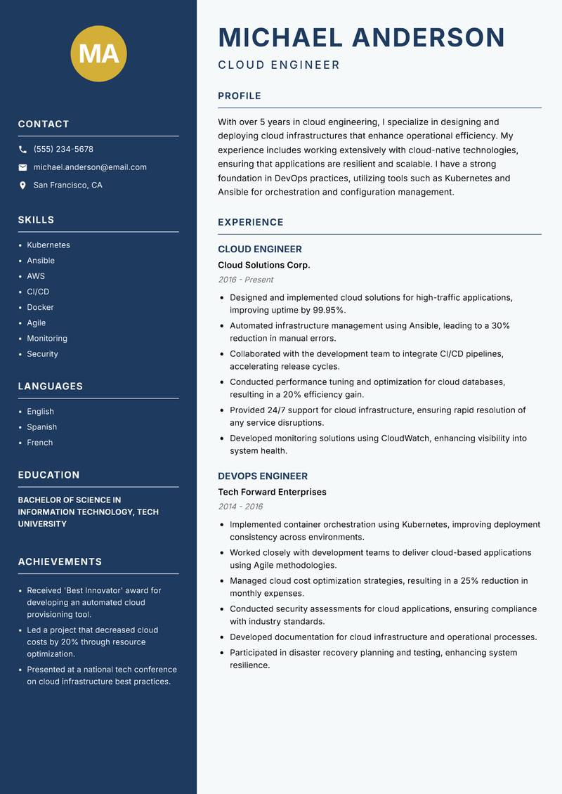 Cloud Product Engineer resume sample — Cloud Engineer focus