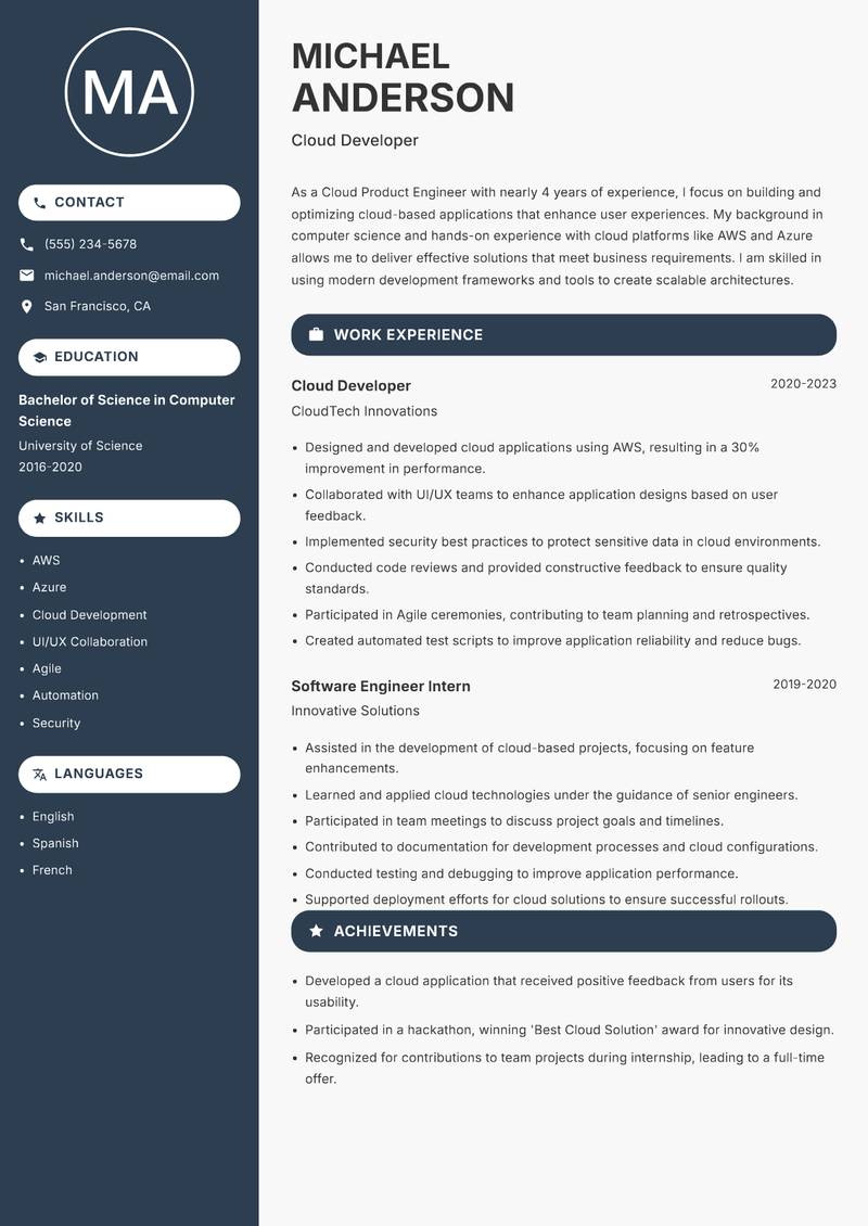Cloud Product Engineer resume sample — Cloud Developer focus