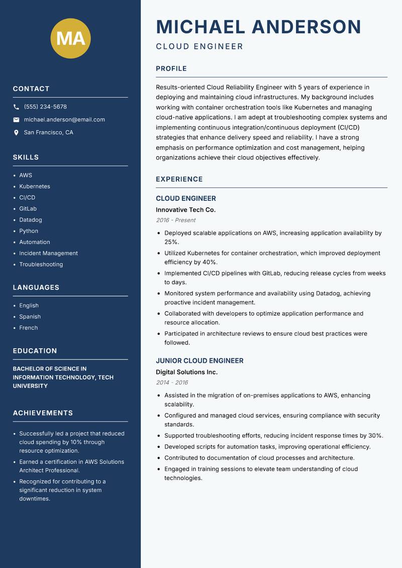 Cloud Reliability Engineer resume sample — Cloud Engineer focus