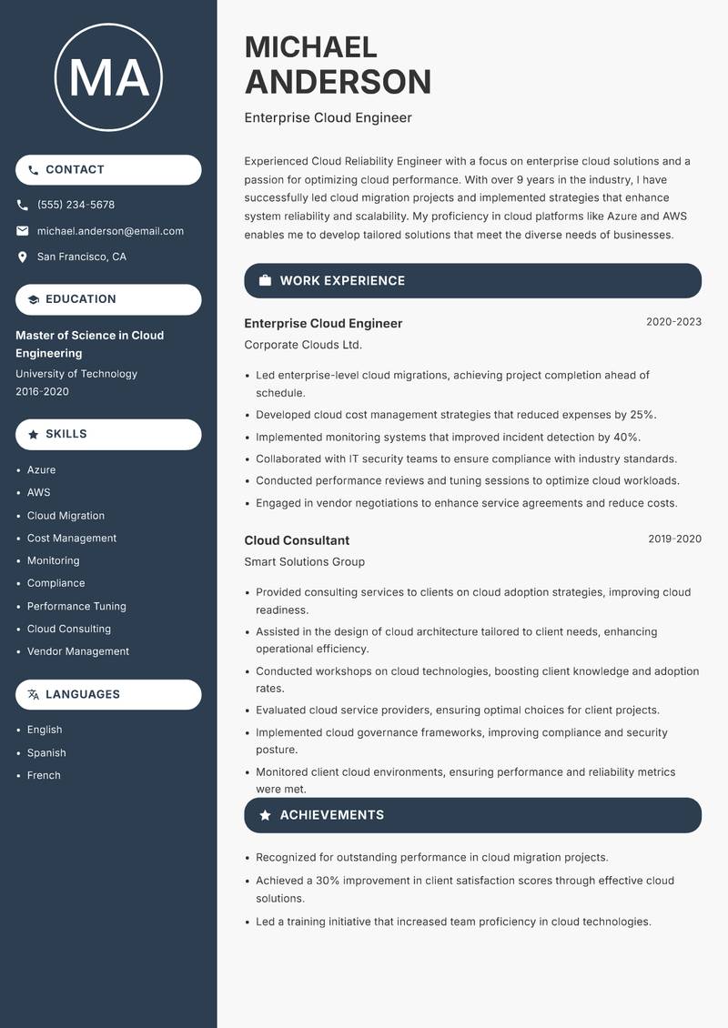 Cloud Reliability Engineer resume sample — Enterprise Cloud Engineer focus