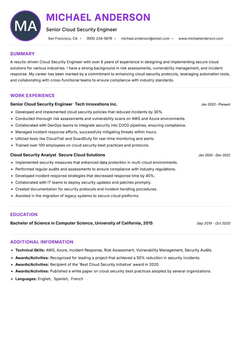 Cloud Security Engineer resume example