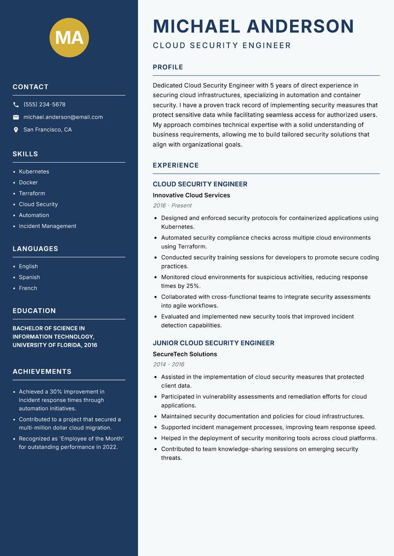 Cloud Security Engineer resume sample — Cloud Security Engineer focus