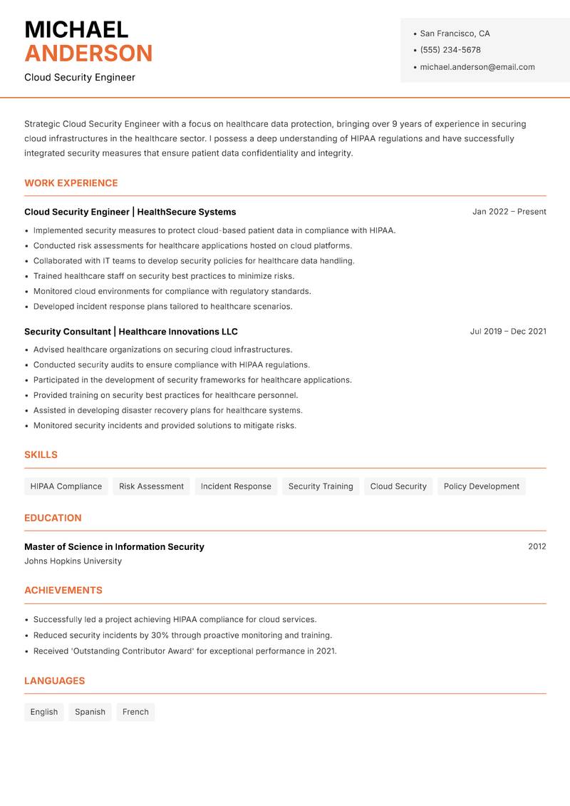 Cloud Security Engineer resume sample — Cloud Security Engineer focus