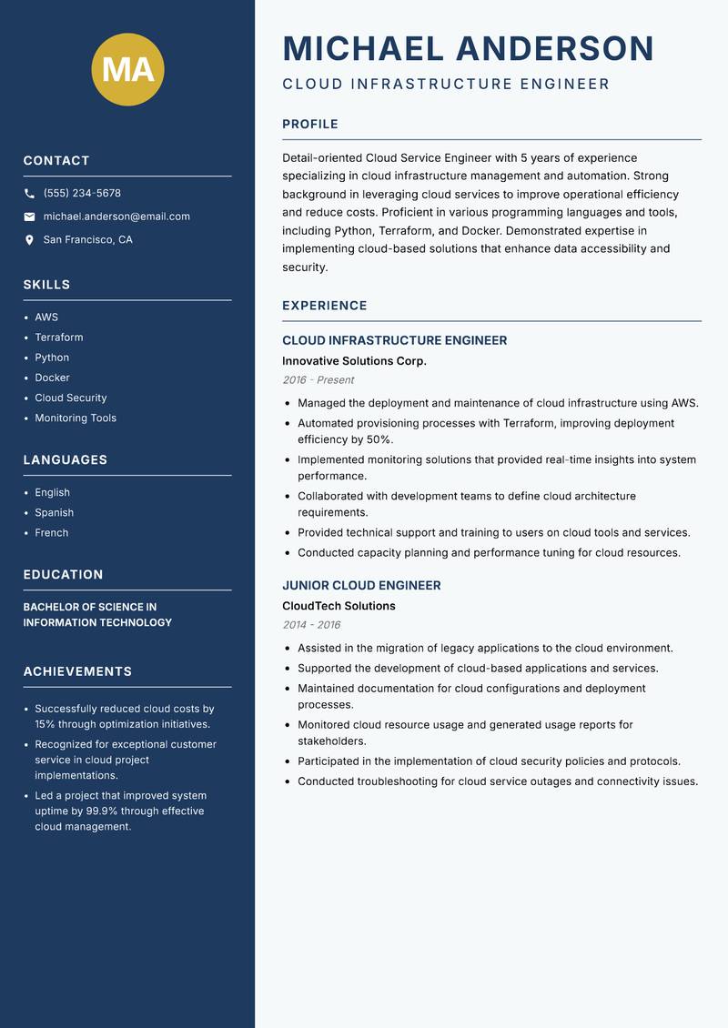 Cloud Service Engineer resume sample — Cloud Infrastructure Engineer focus