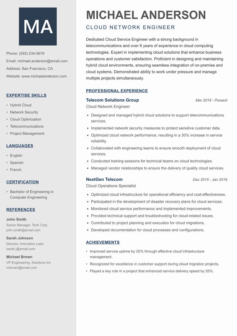 Cloud Service Engineer resume sample — Cloud Network Engineer focus