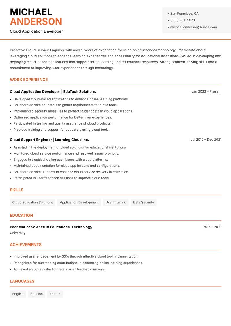 Cloud Service Engineer resume sample — Cloud Application Developer focus