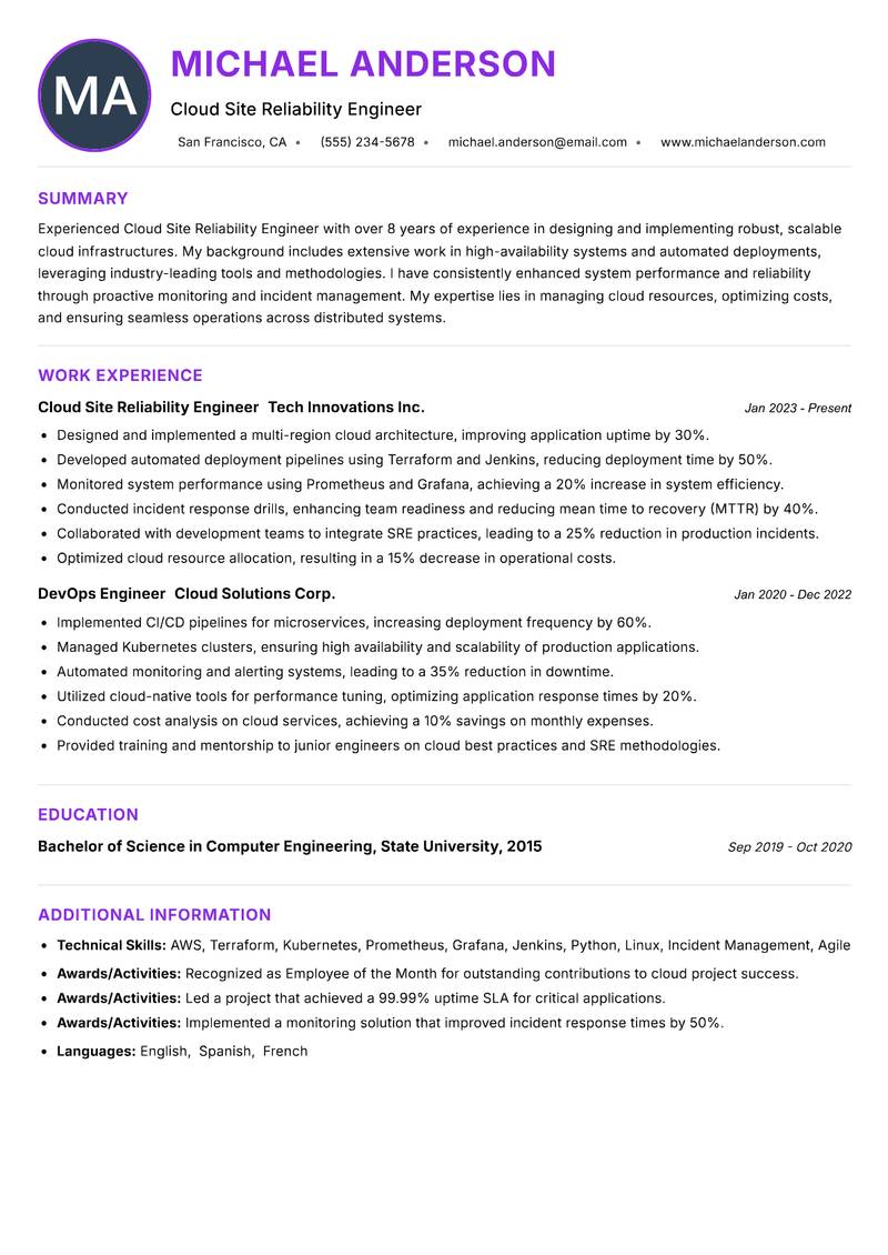 Cloud Site Reliability Engineer resume example