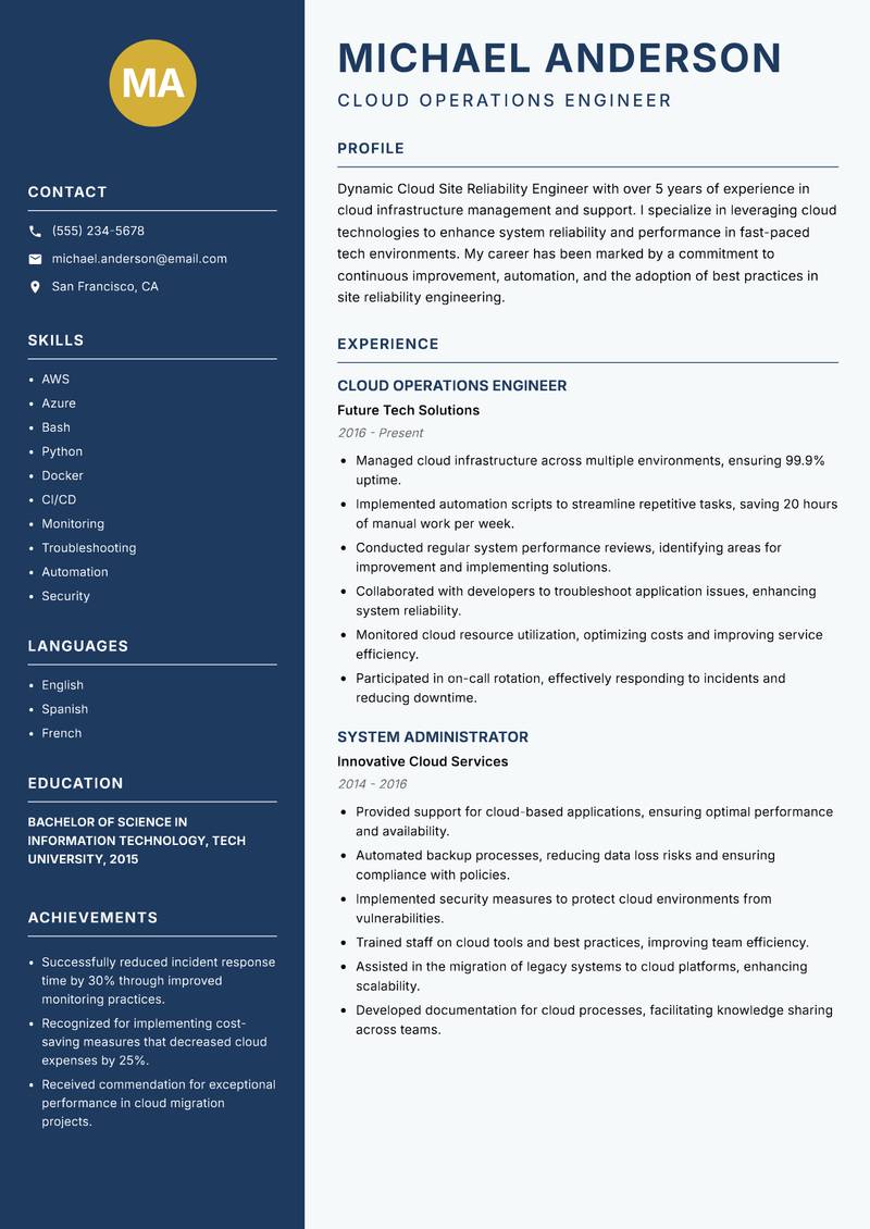 Cloud Site Reliability Engineer resume sample — Cloud Operations Engineer focus