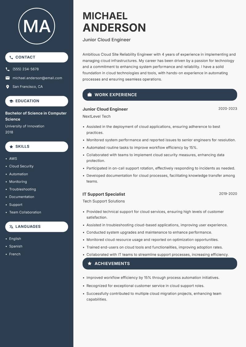 Cloud Site Reliability Engineer resume sample — Junior Cloud Engineer focus