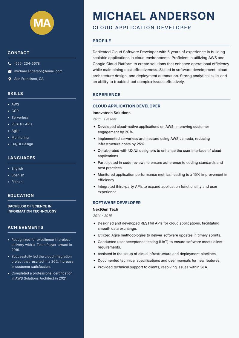 Cloud Software Developer resume sample — Cloud Application Developer focus