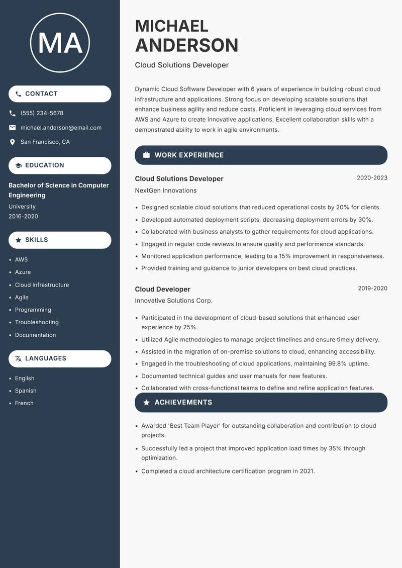 Cloud Software Developer resume sample — Cloud Solutions Developer focus