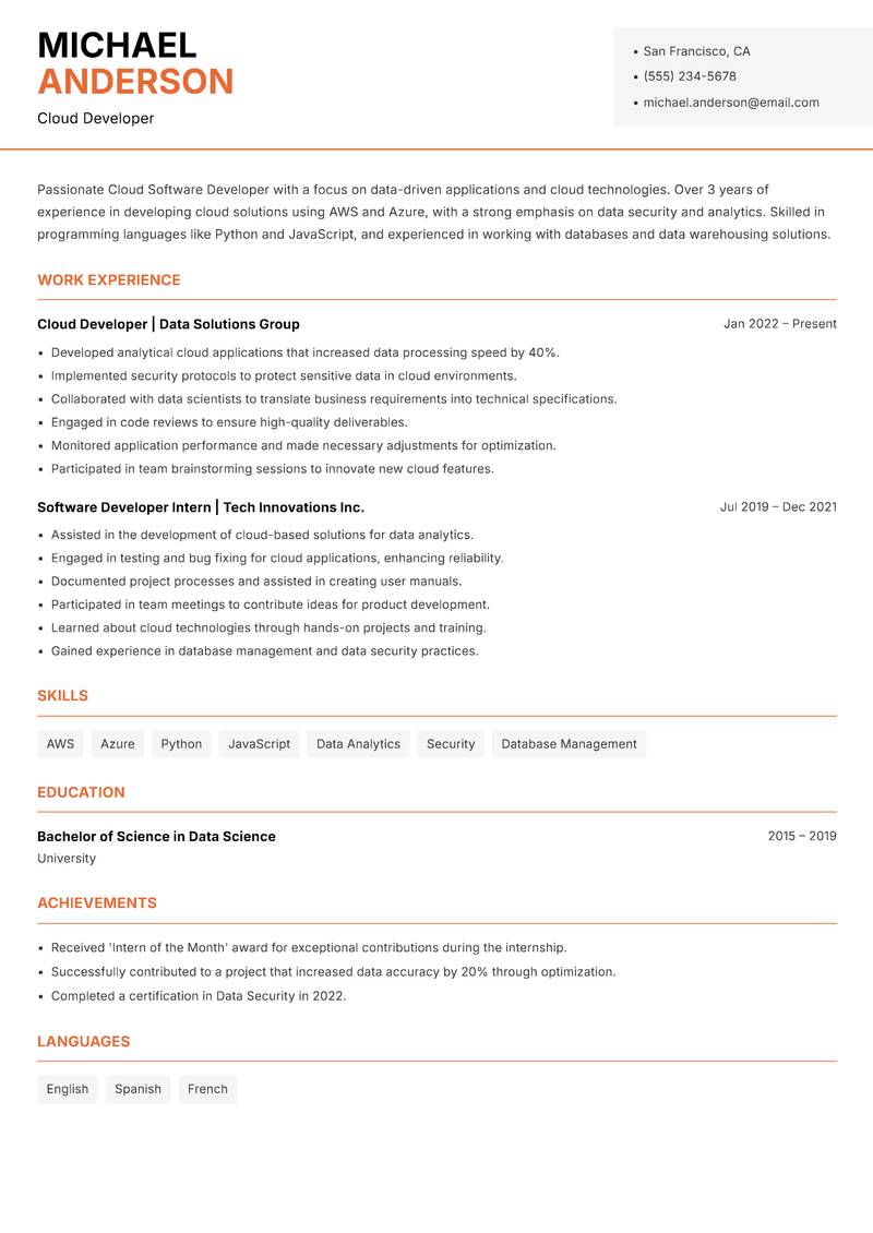Cloud Software Developer resume sample — Cloud Developer focus
