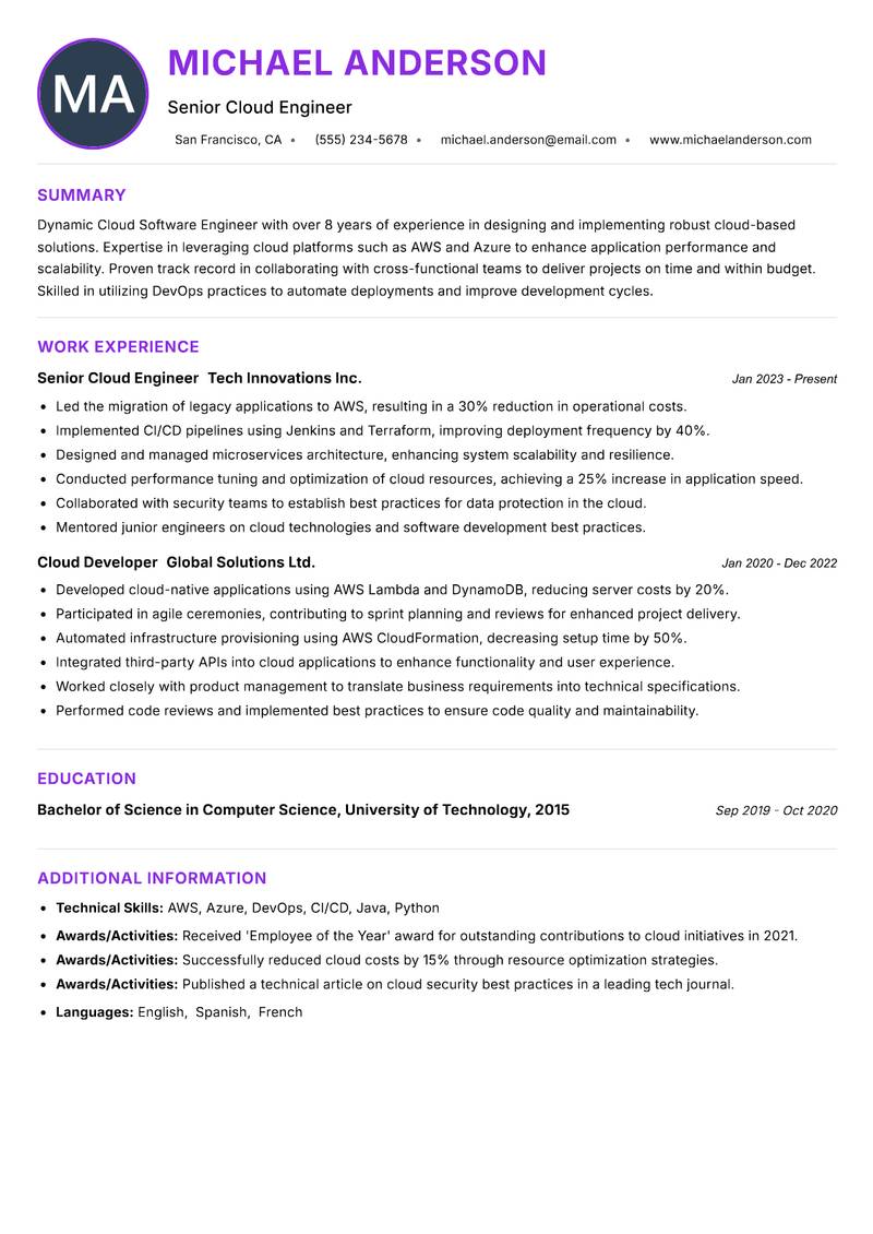 Cloud Software Engineer resume example