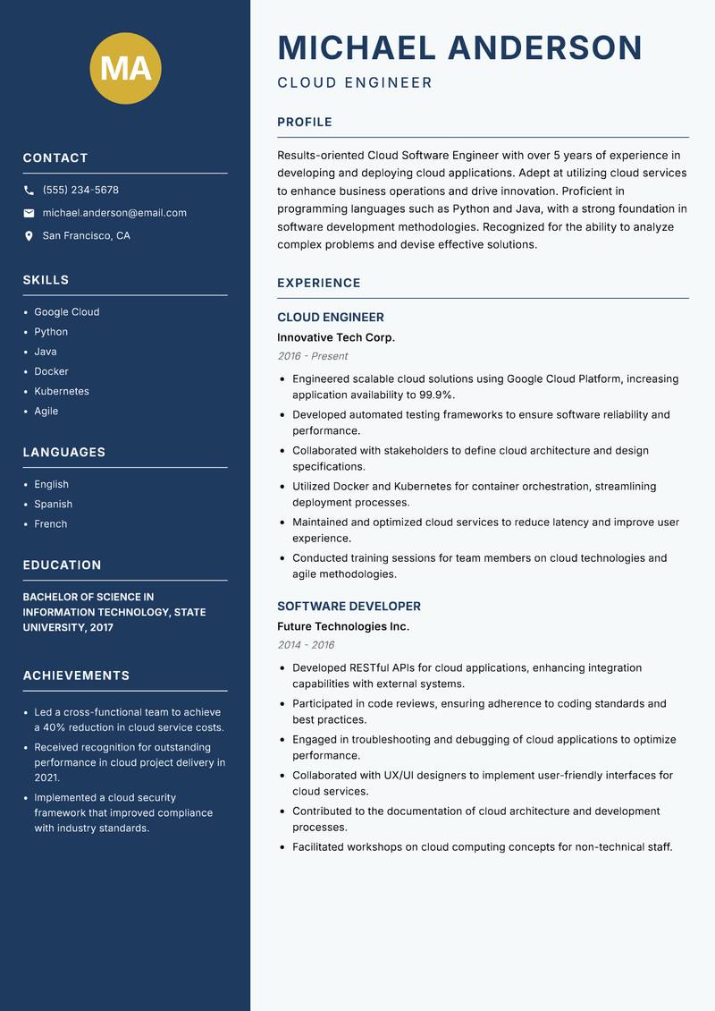 Cloud Software Engineer resume sample — Cloud Engineer focus