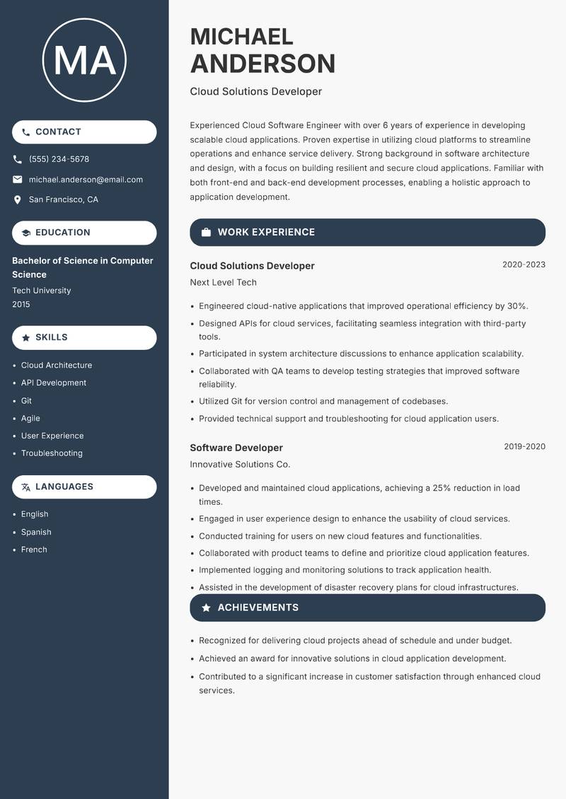 Cloud Software Engineer resume sample — Cloud Solutions Developer focus