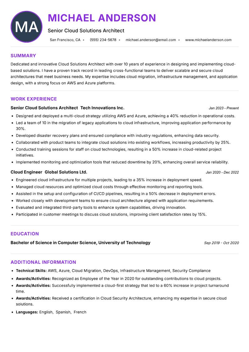 Cloud Solutions Architect resume example