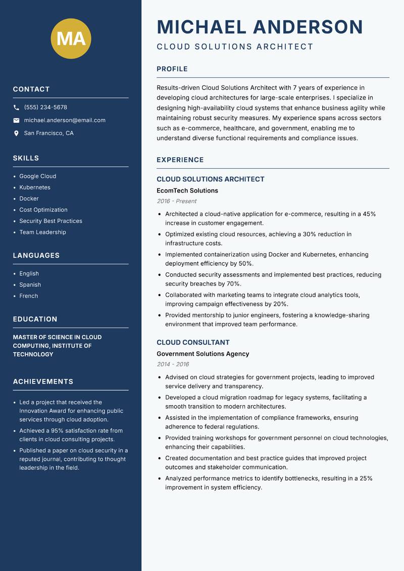Cloud Solutions Architect resume sample — Cloud Solutions Architect focus