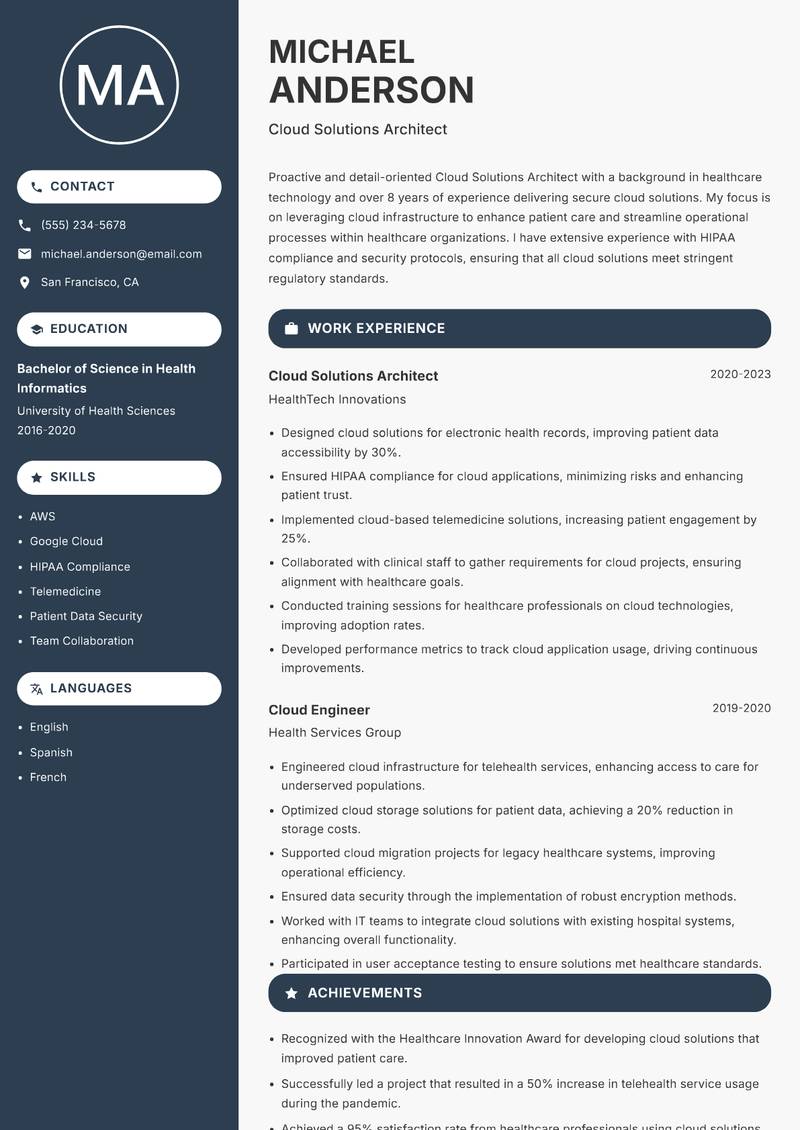 Cloud Solutions Architect resume sample — Cloud Solutions Architect focus