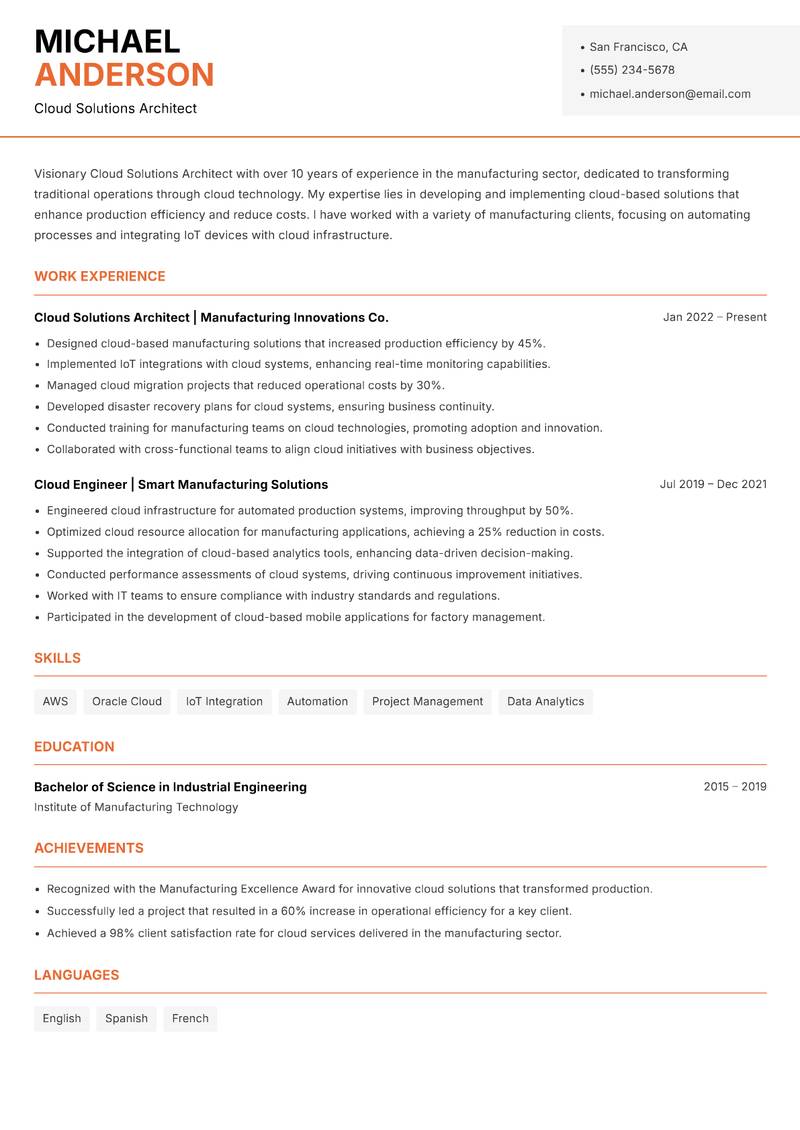 Cloud Solutions Architect resume sample — Cloud Solutions Architect focus