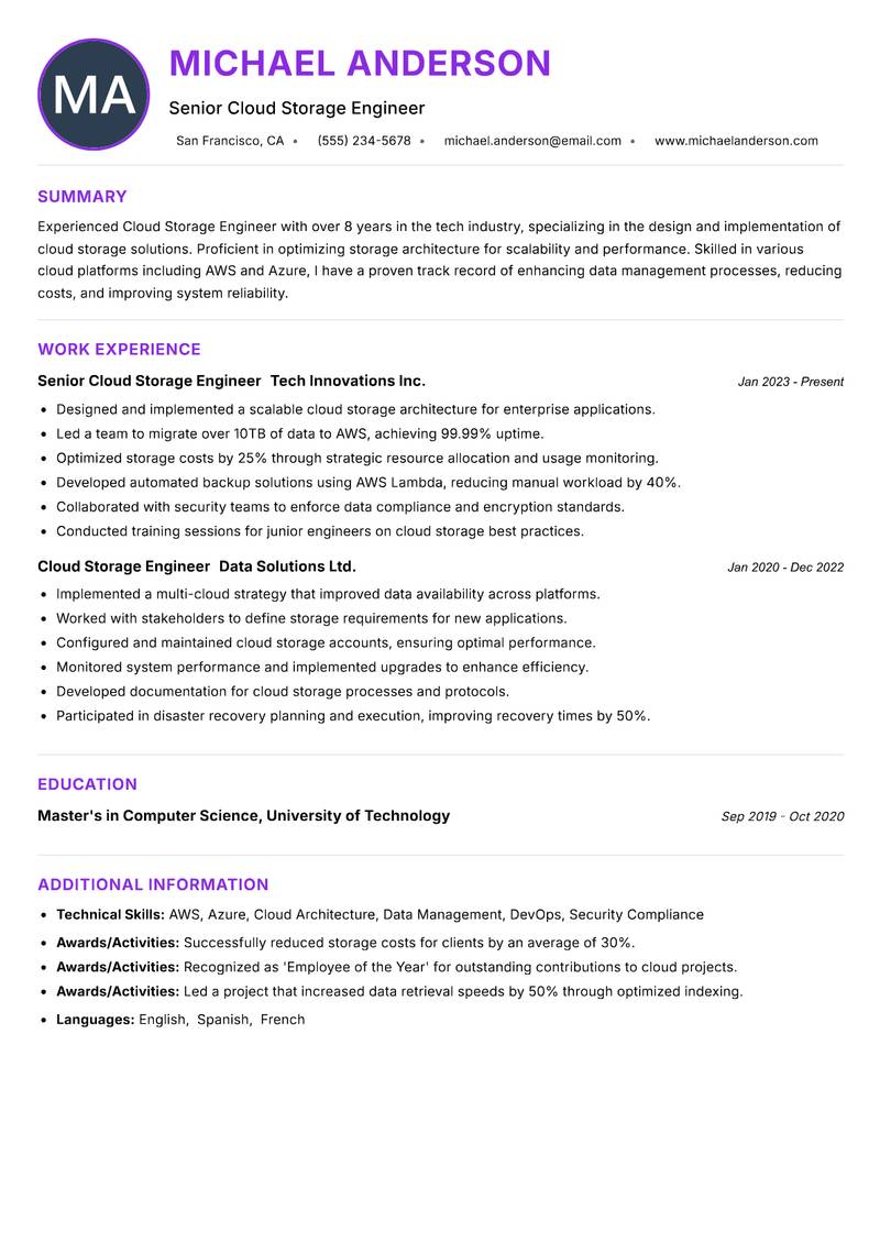 Cloud Storage Engineer resume example