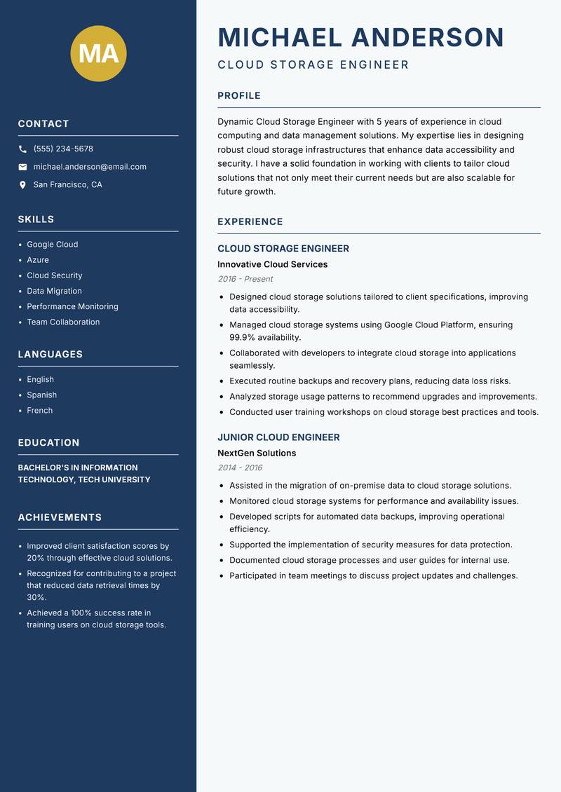 Cloud Storage Engineer resume sample — Cloud Storage Engineer focus