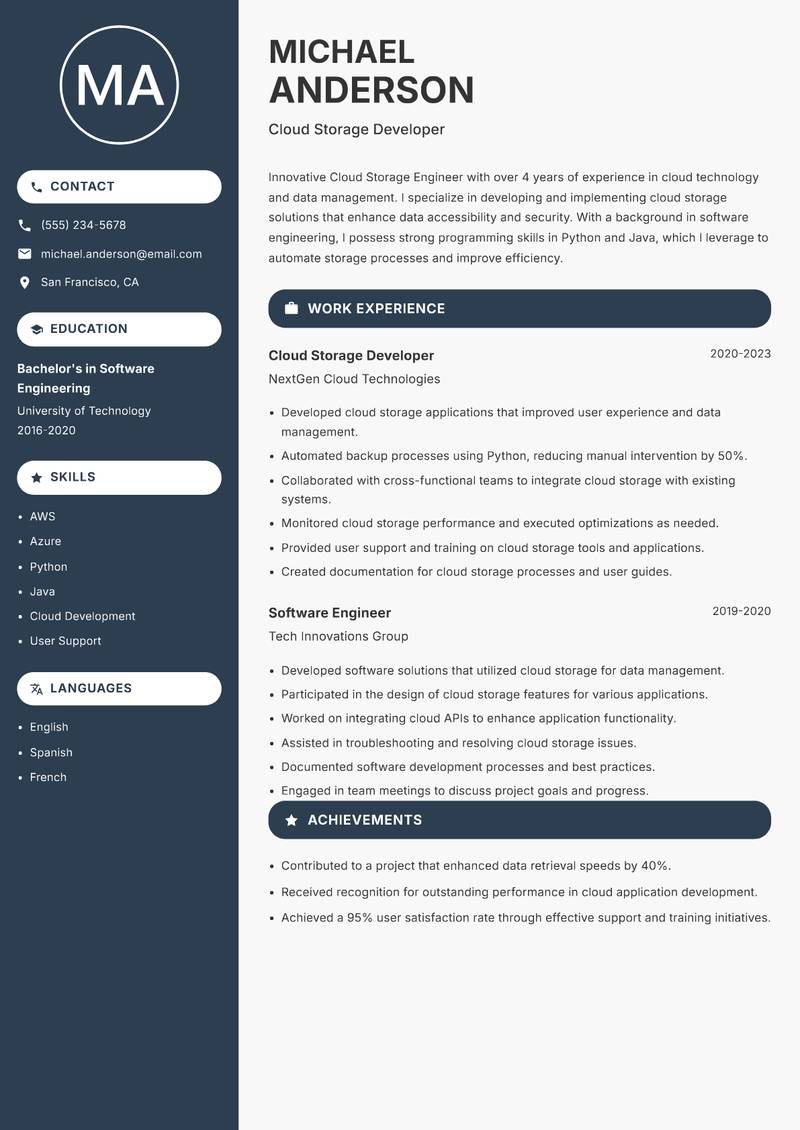 Cloud Storage Engineer resume sample — Cloud Storage Developer focus