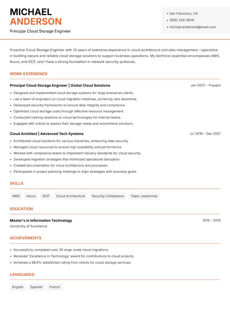 Cloud Storage Engineer resume sample — Principal Cloud Storage Engineer focus