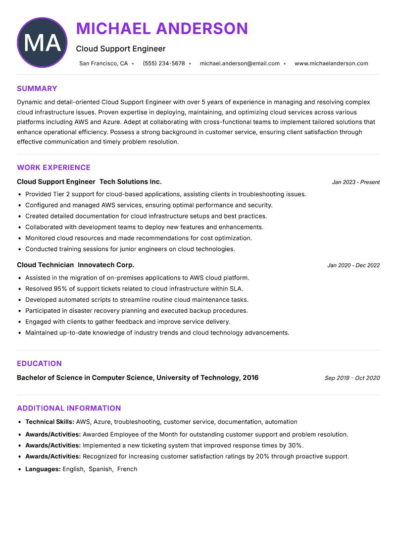 Cloud Support Engineer resume example