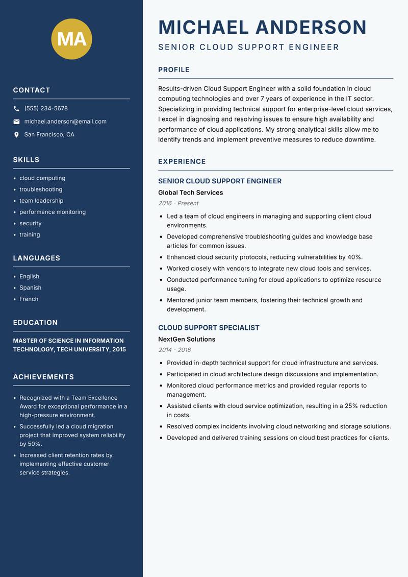Cloud Support Engineer resume sample — Senior Cloud Support Engineer focus