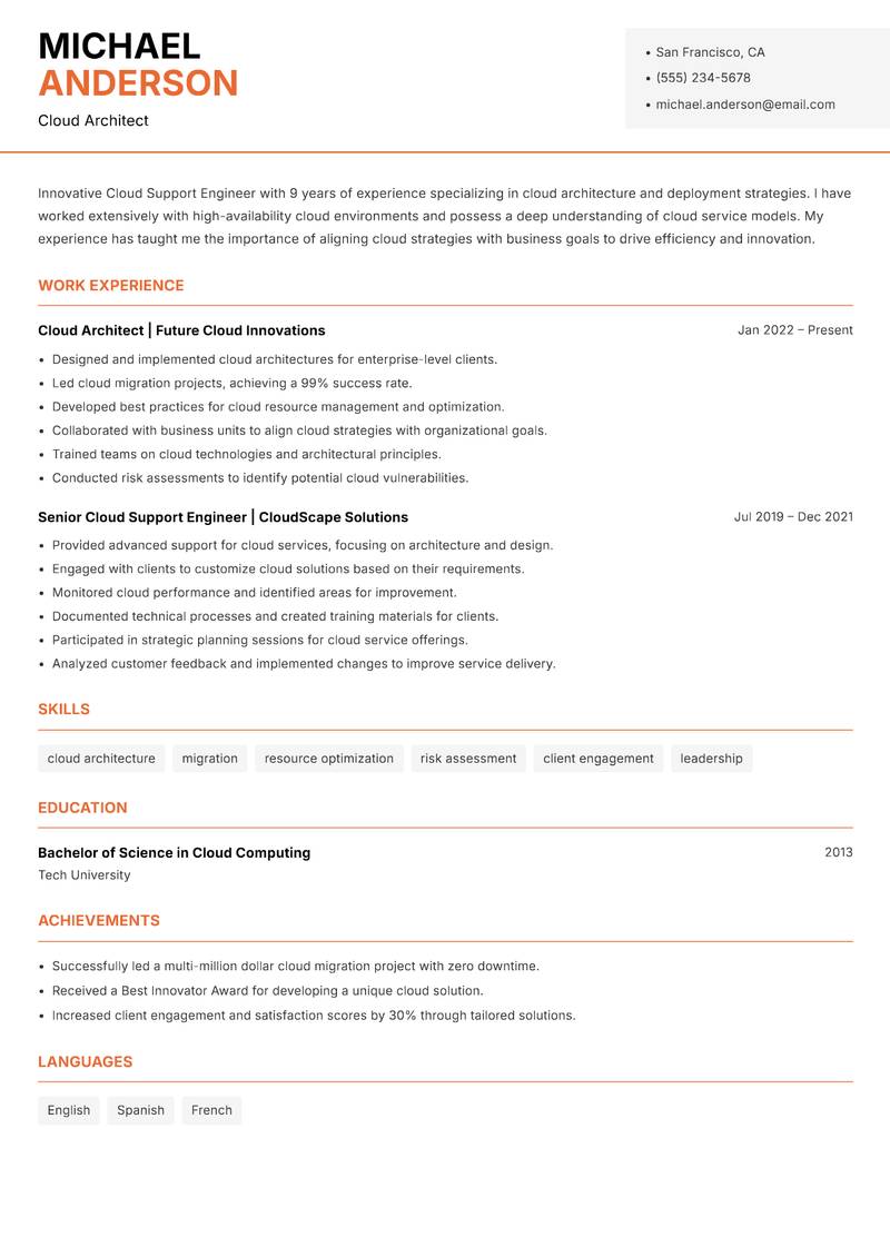 Cloud Support Engineer resume sample — Cloud Architect focus