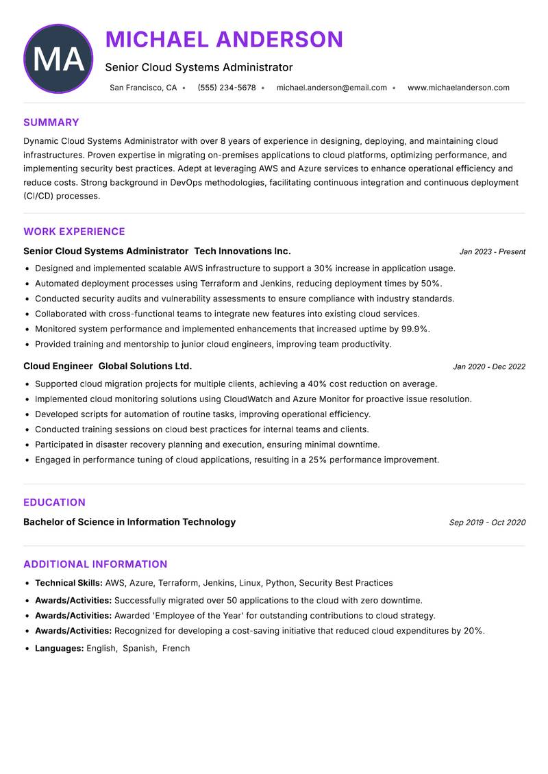 Cloud Systems Administrator resume example