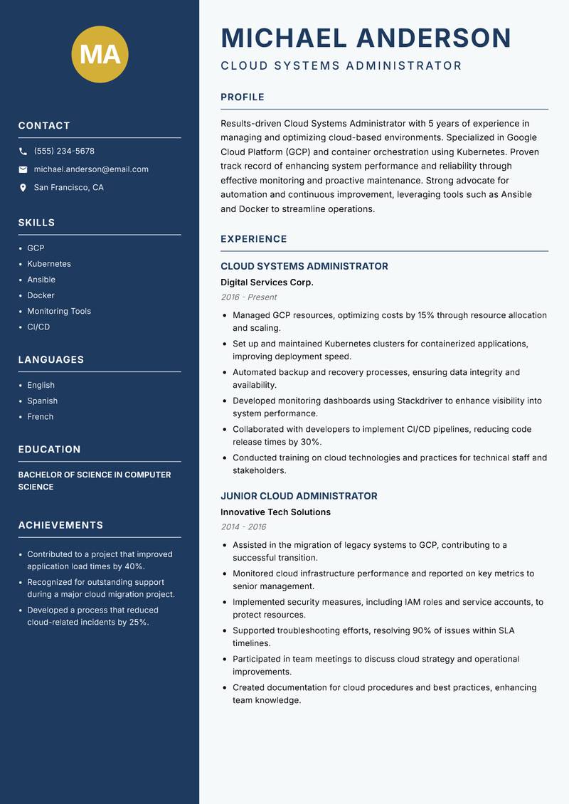 Cloud Systems Administrator resume sample — Cloud Systems Administrator focus
