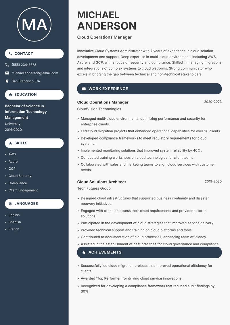 Cloud Systems Administrator resume sample — Cloud Operations Manager focus