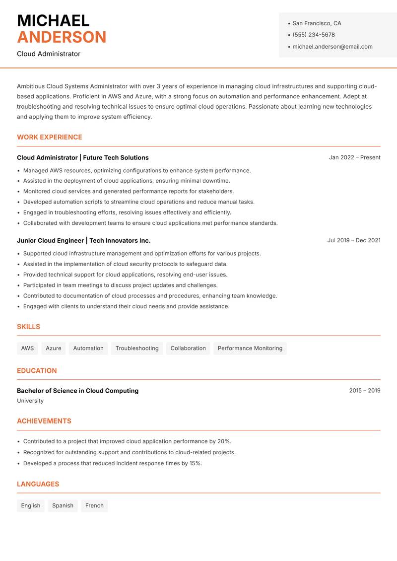 Cloud Systems Administrator resume sample — Cloud Administrator focus