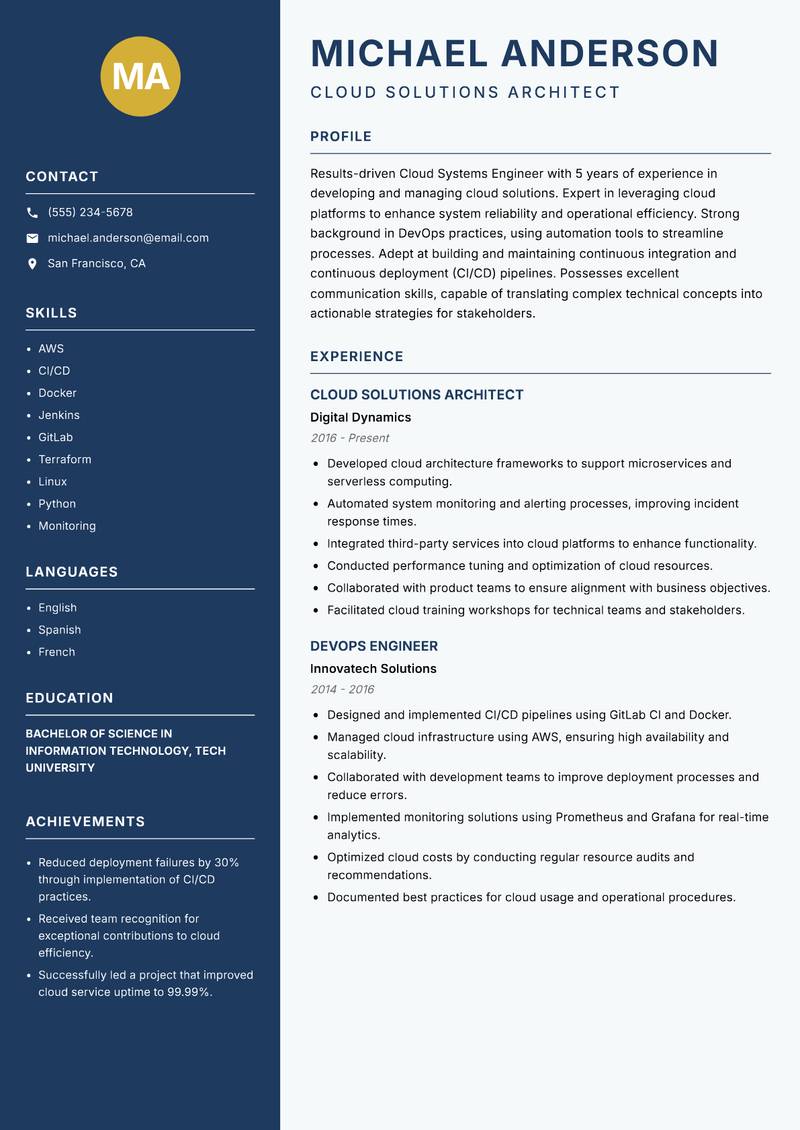 Cloud Systems Engineer resume sample — Cloud Solutions Architect focus
