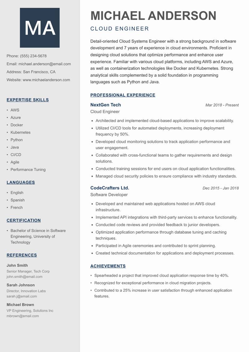 Cloud Systems Engineer resume sample — Cloud Engineer focus