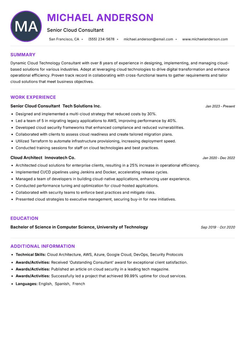 Cloud Technology Consultant resume example