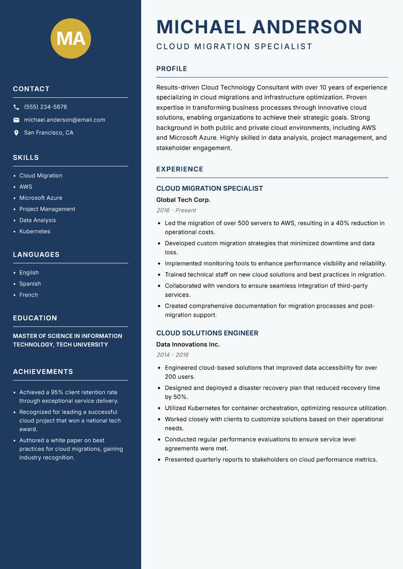 Cloud Technology Consultant resume sample — Cloud Migration Specialist focus